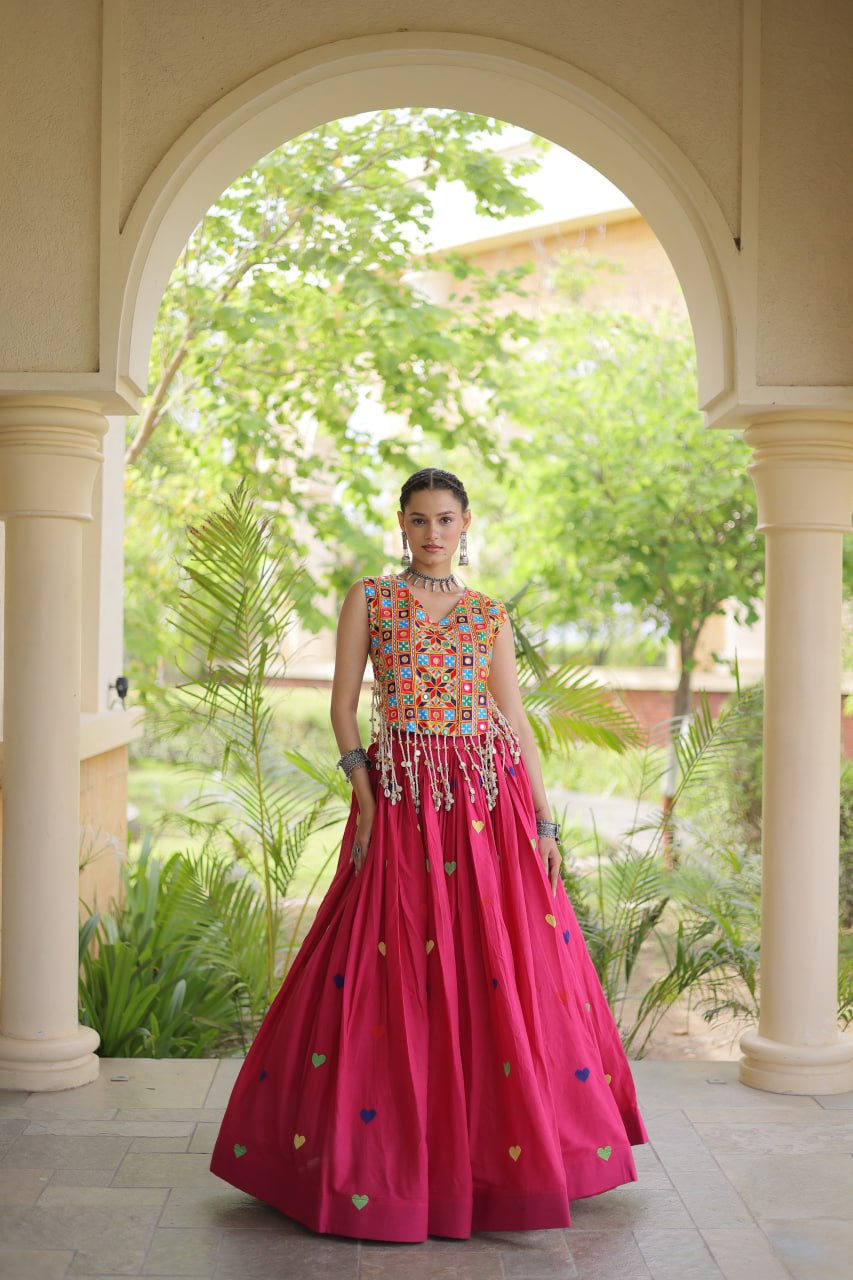 Navratri Special Multicolor Kutchi Work Choli with Pink Heart Motif Lehenga