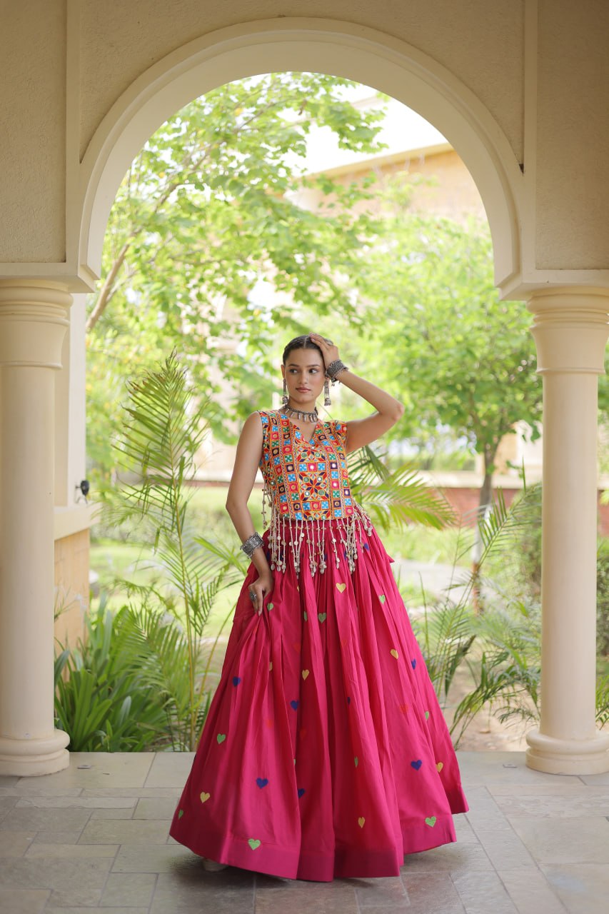 Navratri Special Multicolor Kutchi Work Choli with Pink Heart Motif Lehenga