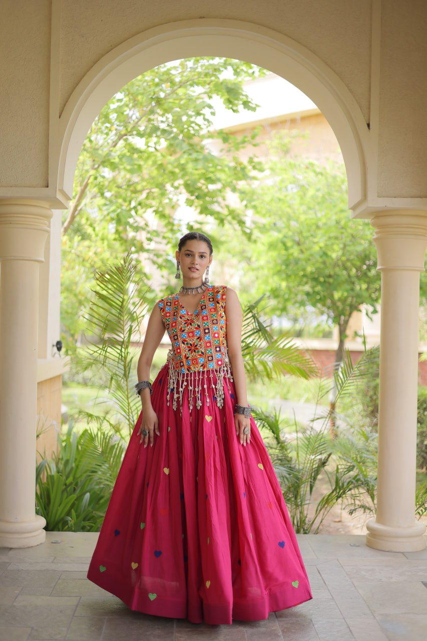 Navratri Special Multicolor Kutchi Work Choli with Pink Heart Motif Lehenga