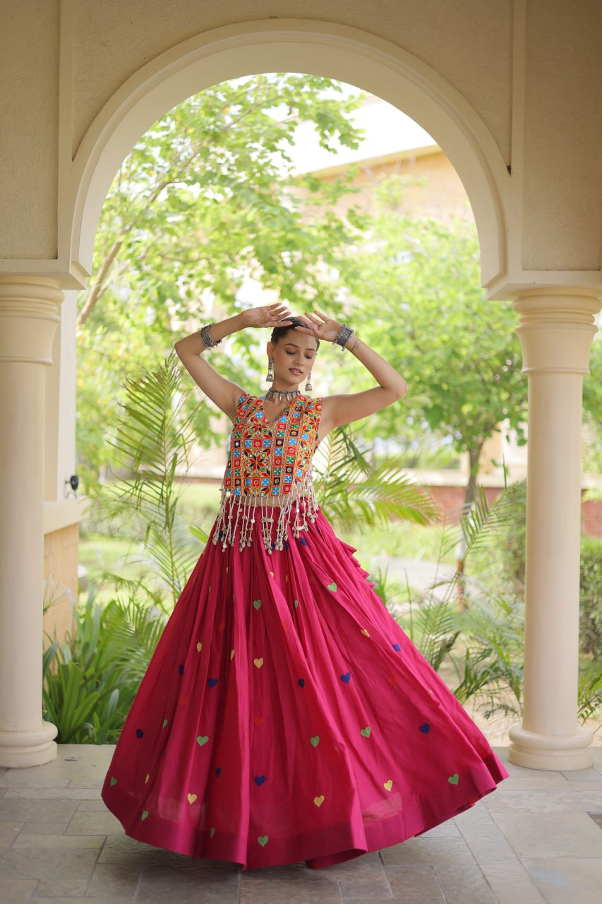 Navratri Special Multicolor Kutchi Work Choli with Pink Heart Motif Lehenga