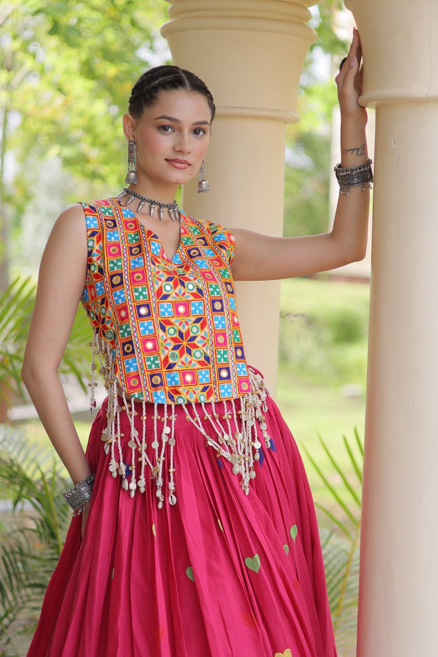 Navratri Special Multicolor Kutchi Work Choli with Pink Heart Motif Lehenga