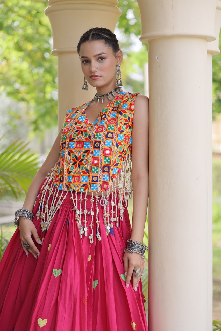 Navratri Special Multicolor Kutchi Work Choli with Pink Heart Motif Lehenga