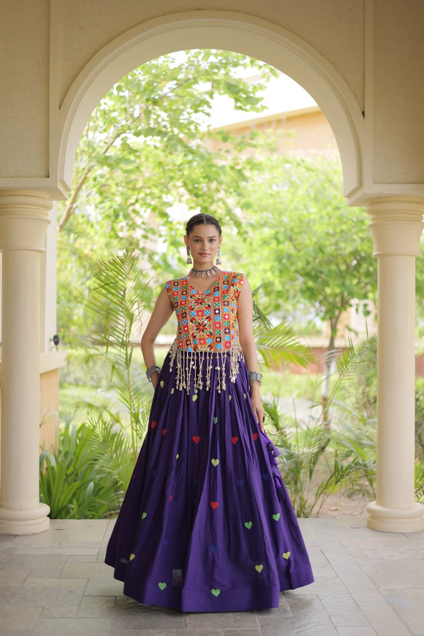 Royal Purple Navratri Kutchi Work Choli with Heart Motif Lehenga