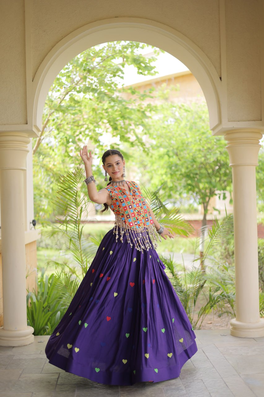 Royal Purple Navratri Kutchi Work Choli with Heart Motif Lehenga
