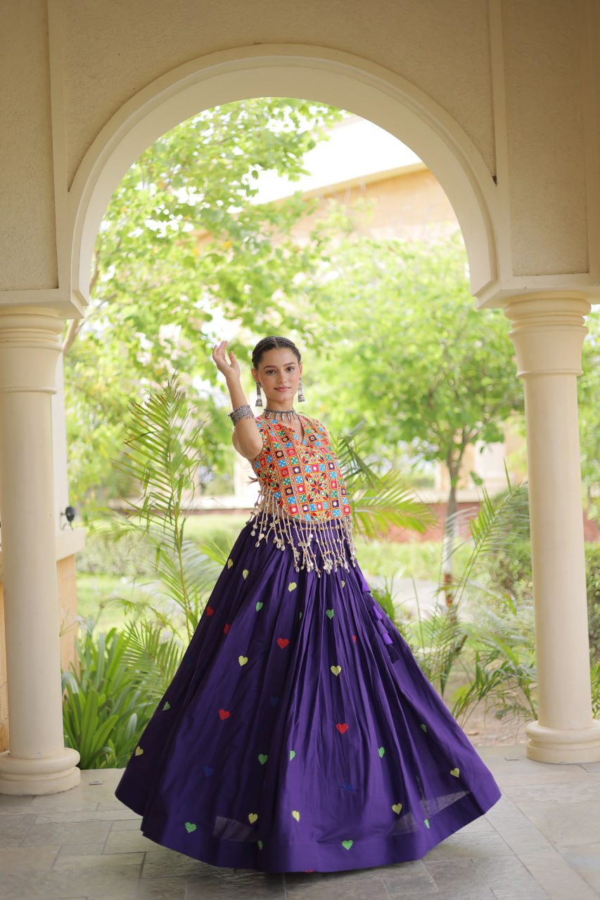 Royal Purple Navratri Kutchi Work Choli with Heart Motif Lehenga