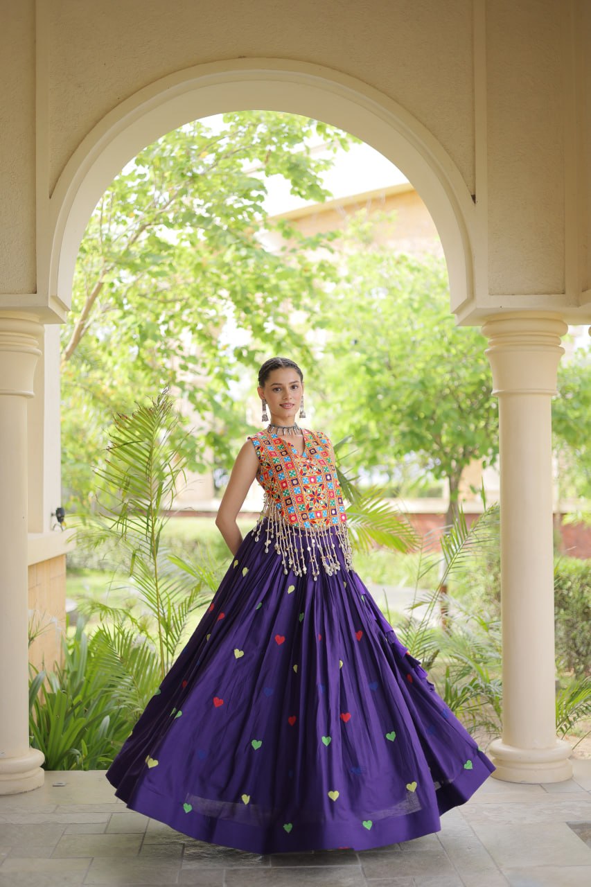 Royal Purple Navratri Kutchi Work Choli with Heart Motif Lehenga