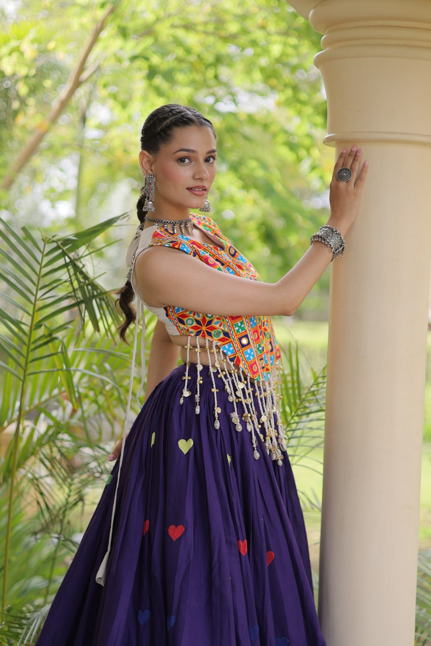 Royal Purple Navratri Kutchi Work Choli with Heart Motif Lehenga