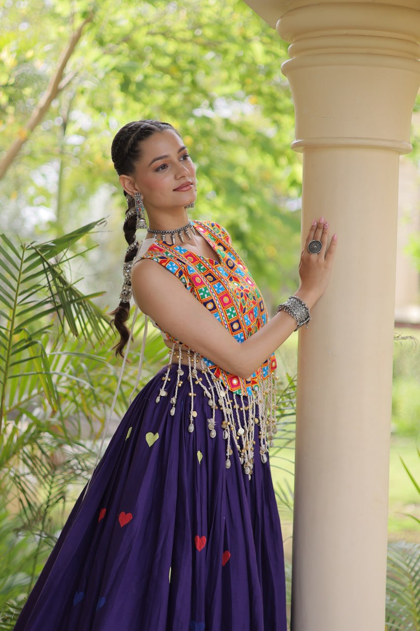 Royal Purple Navratri Kutchi Work Choli with Heart Motif Lehenga