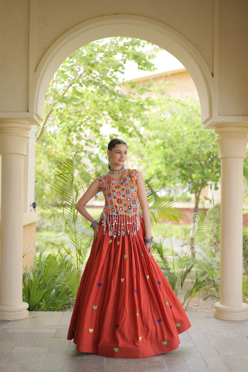 Vibrant Mirror Work Choli & Red Multicolor Heart Embellished Lehenga