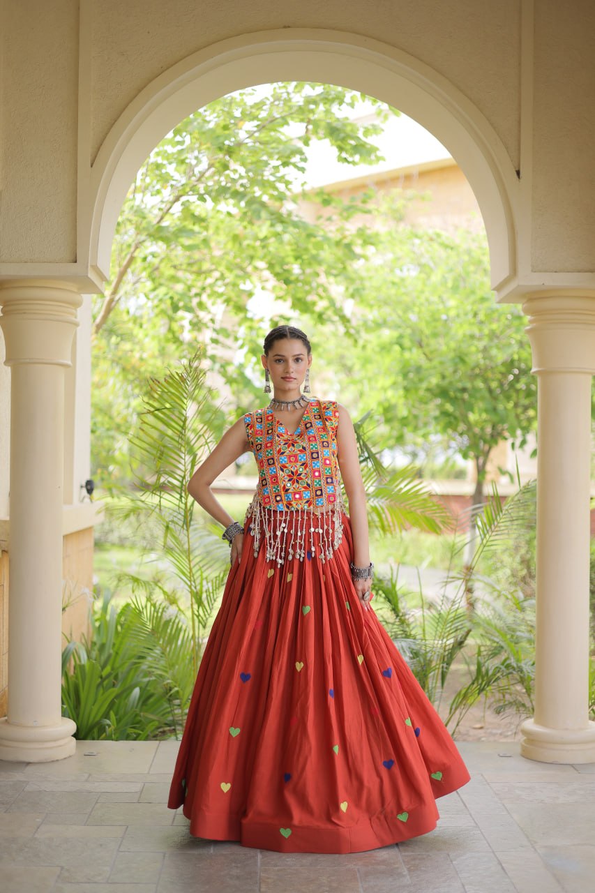 Vibrant Mirror Work Choli & Red Multicolor Heart Embellished Lehenga