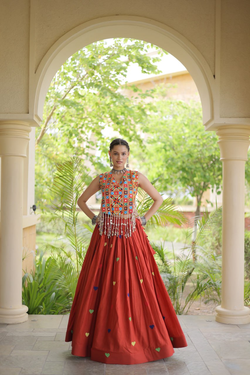 Vibrant Mirror Work Choli & Red Multicolor Heart Embellished Lehenga