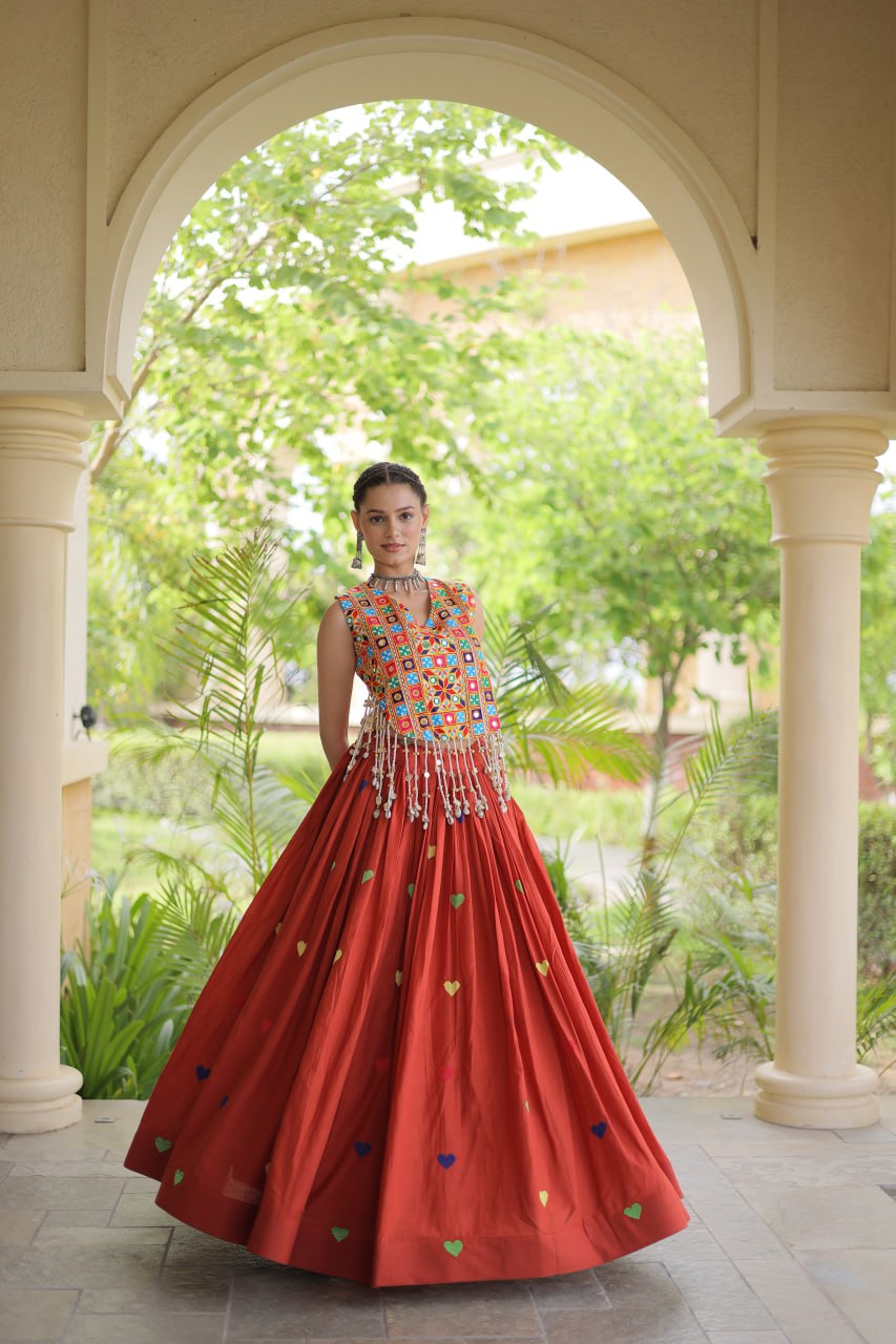 Vibrant Mirror Work Choli & Red Multicolor Heart Embellished Lehenga
