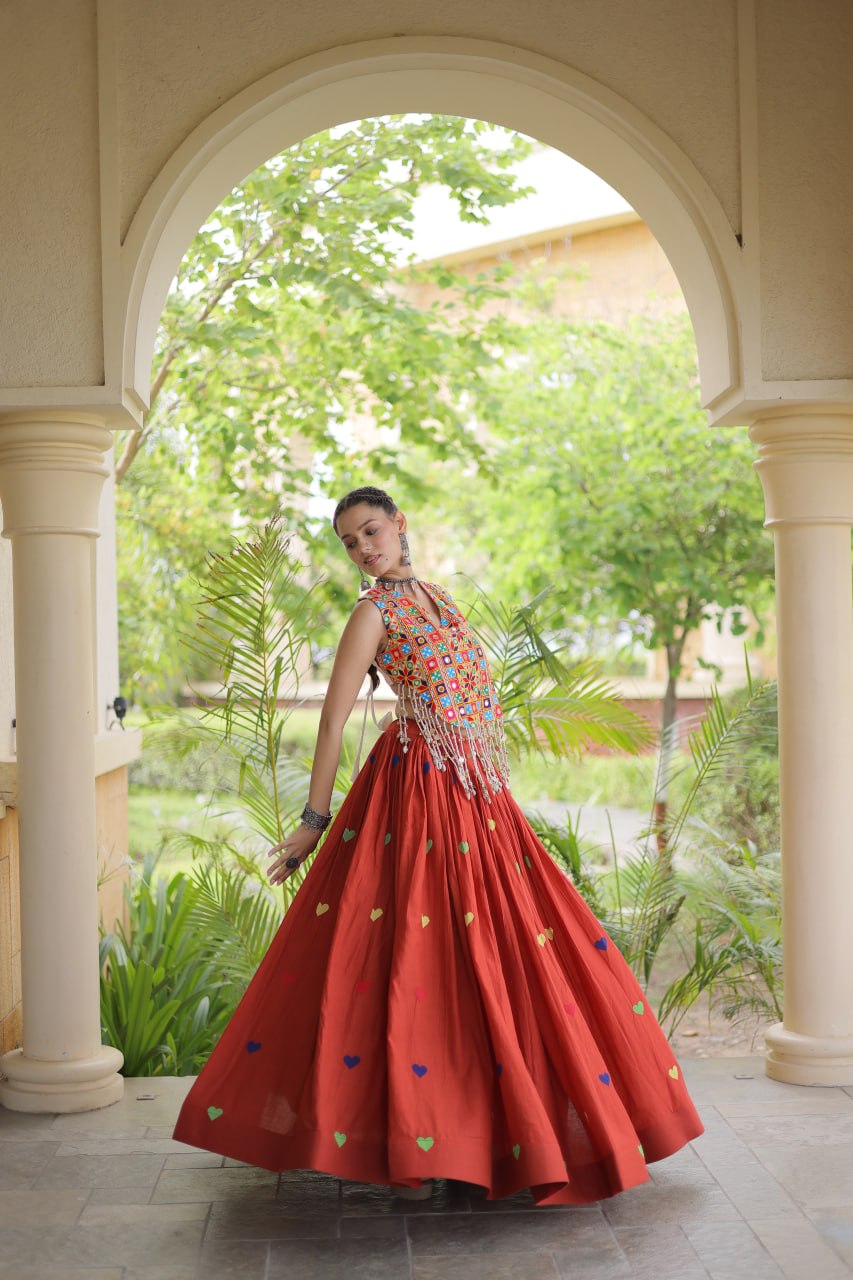 Vibrant Mirror Work Choli & Red Multicolor Heart Embellished Lehenga