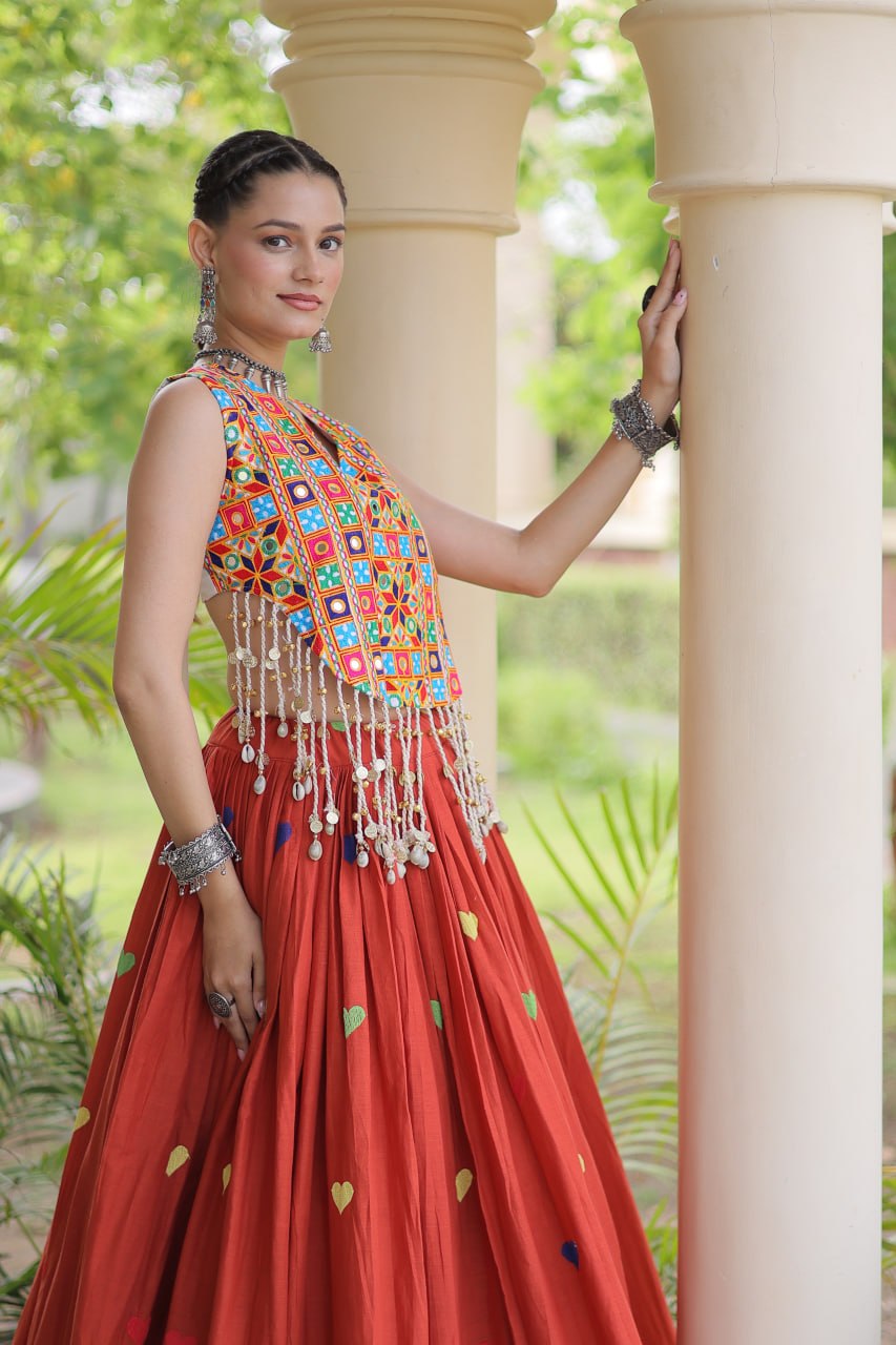 Vibrant Mirror Work Choli & Red Multicolor Heart Embellished Lehenga