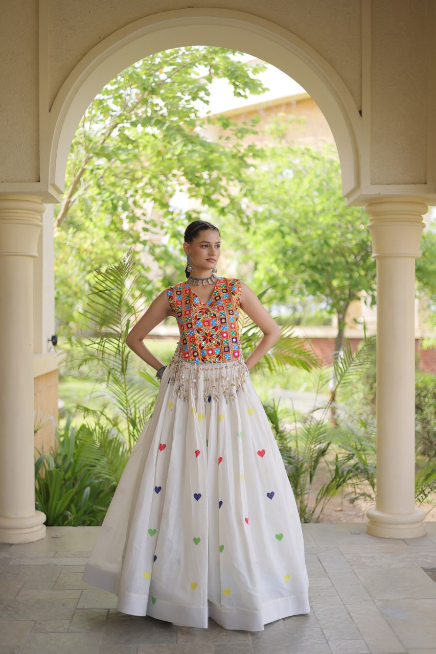 Navratri Kutchi Mirror Work Choli with White Heart Motif Lehenga