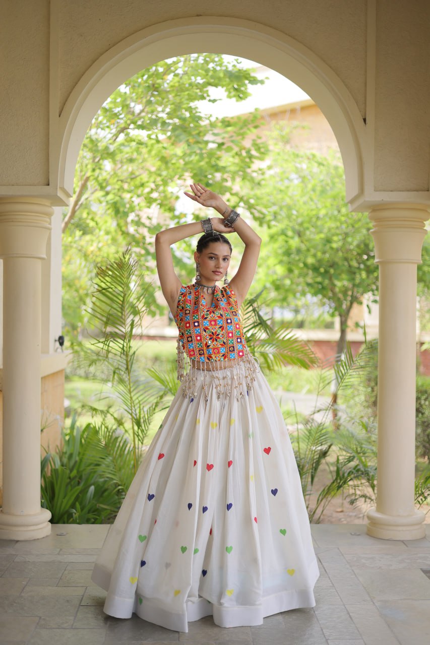Navratri Kutchi Mirror Work Choli with White Heart Motif Lehenga