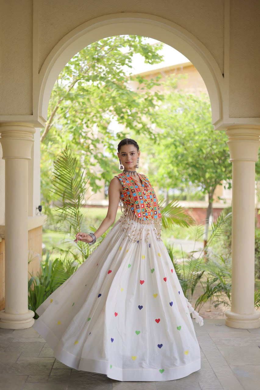 Navratri Kutchi Mirror Work Choli with White Heart Motif Lehenga