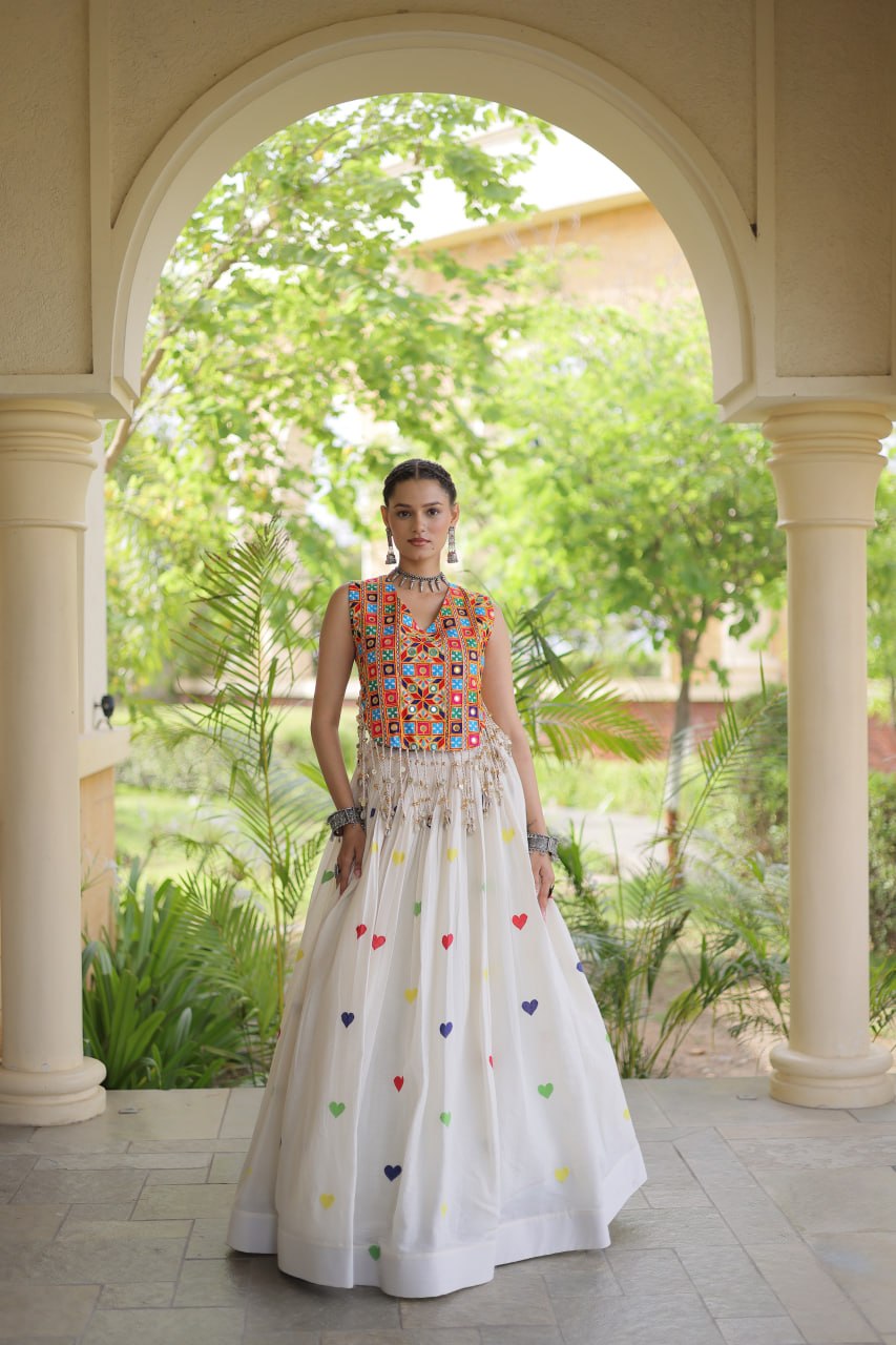 Navratri Kutchi Mirror Work Choli with White Heart Motif Lehenga