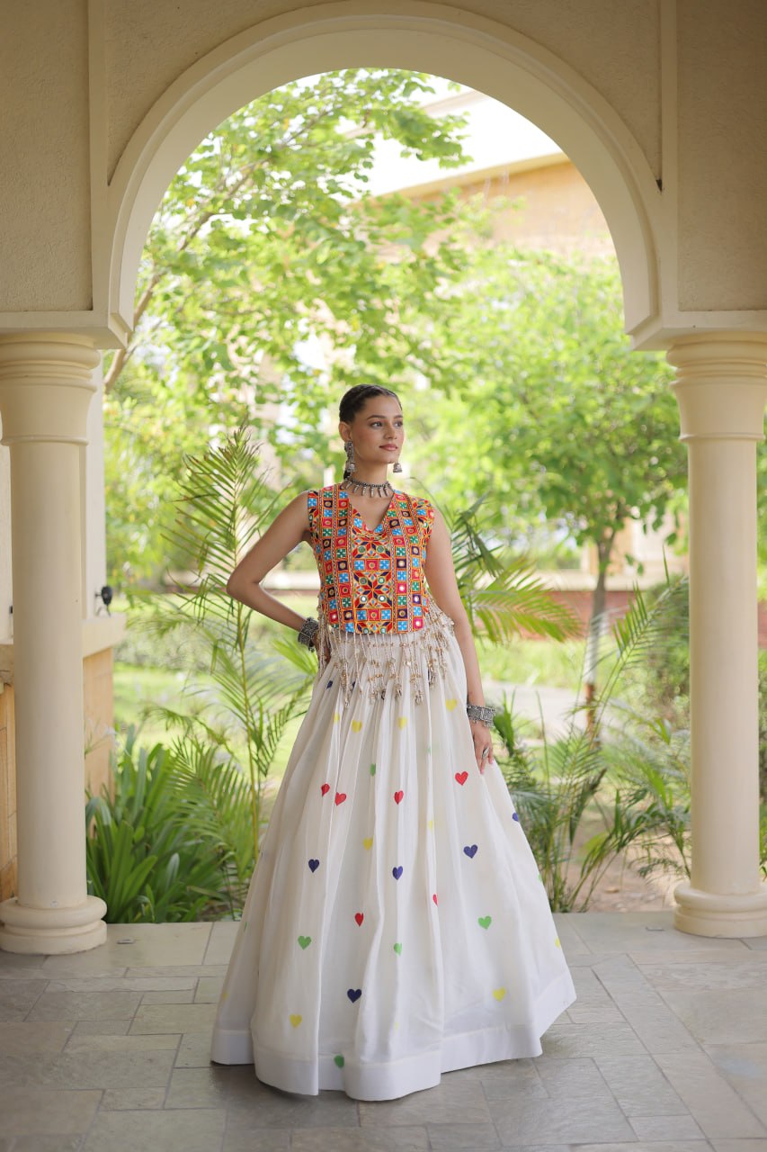 Navratri Kutchi Mirror Work Choli with White Heart Motif Lehenga