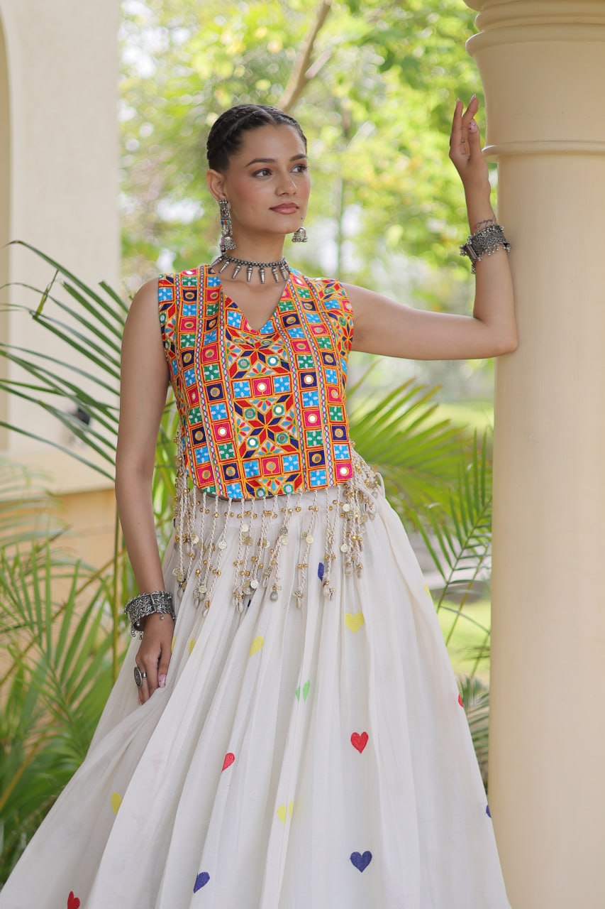 Navratri Kutchi Mirror Work Choli with White Heart Motif Lehenga