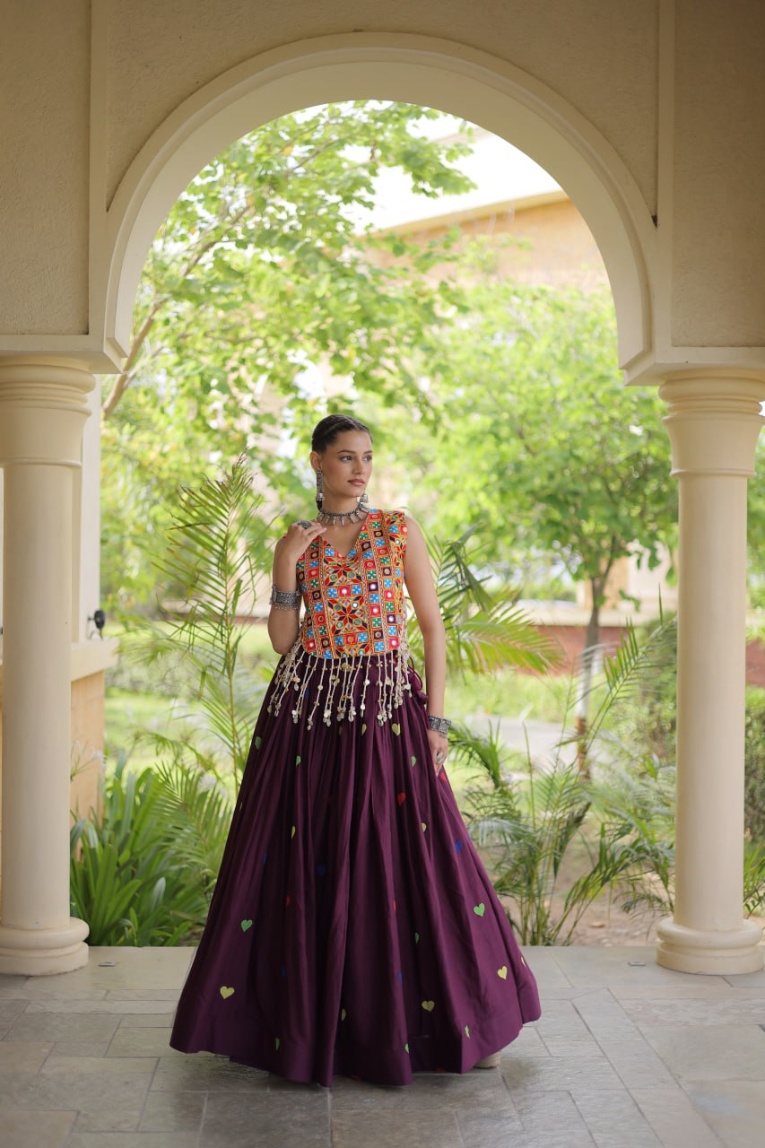 Royal Navratri Kutchi Mirror Work Choli with Heart Motif Lehenga