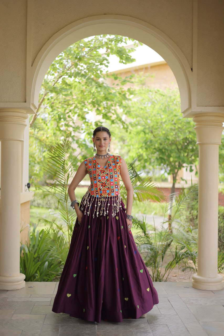 Royal Navratri Kutchi Mirror Work Choli with Heart Motif Lehenga