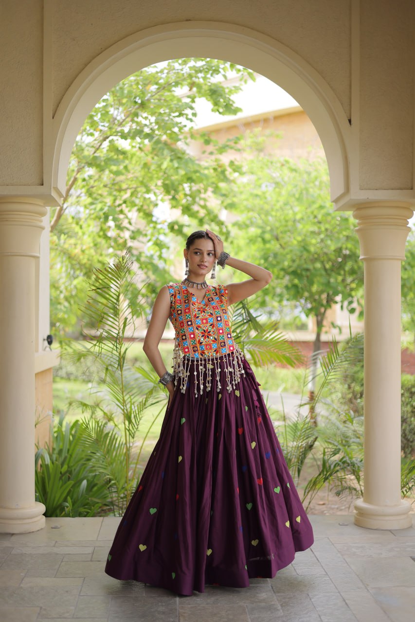 Royal Navratri Kutchi Mirror Work Choli with Heart Motif Lehenga