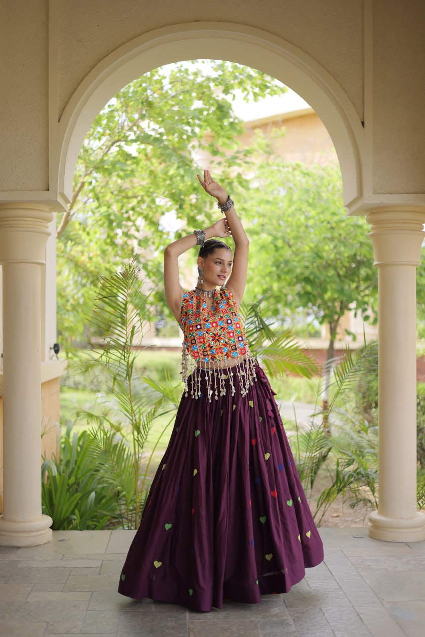Royal Navratri Kutchi Mirror Work Choli with Heart Motif Lehenga