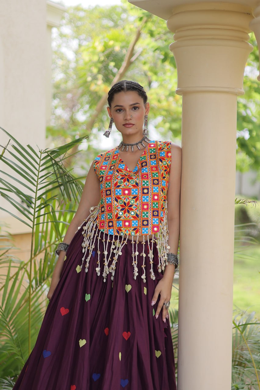 Royal Navratri Kutchi Mirror Work Choli with Heart Motif Lehenga