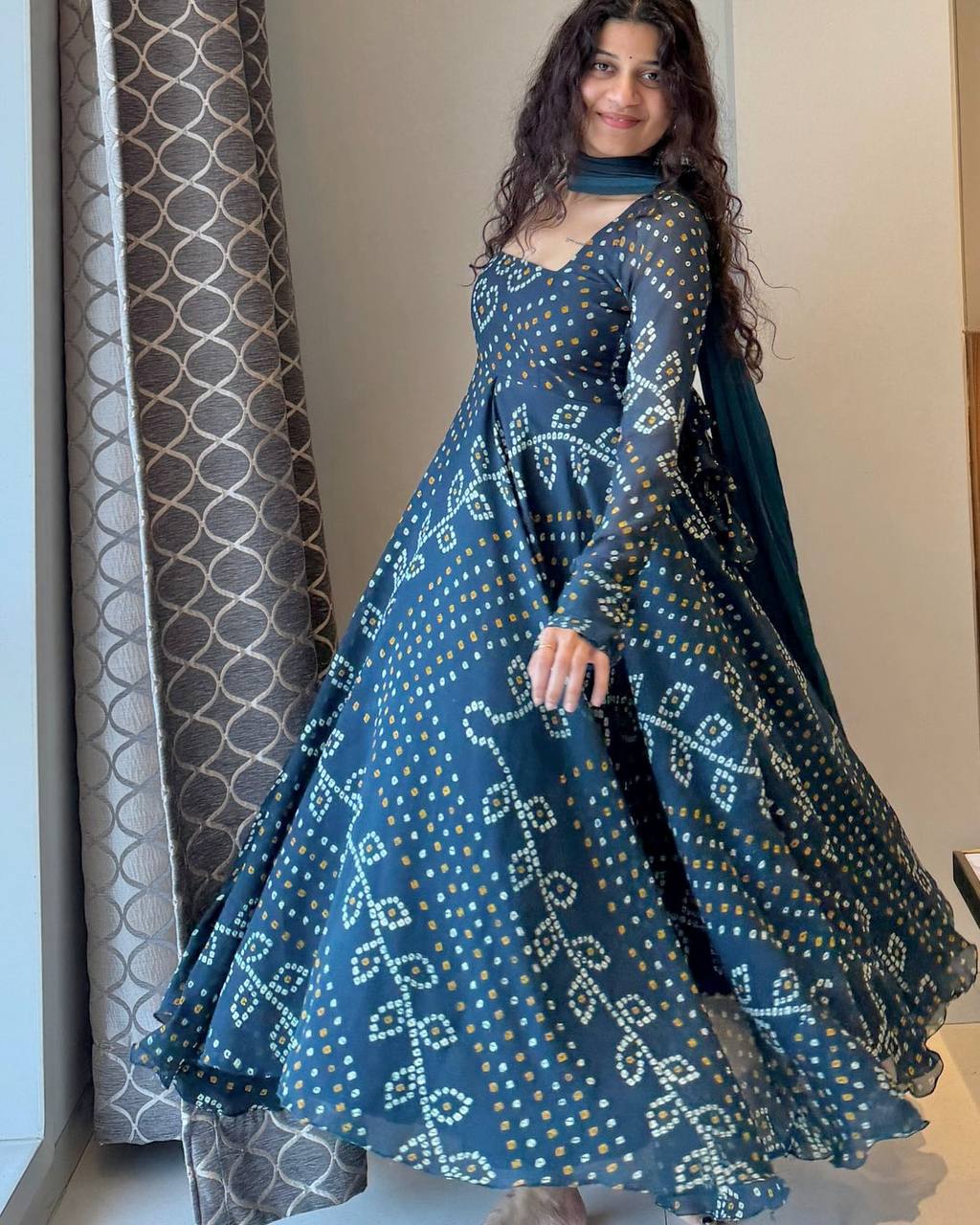 Navy Blue Bandhani Printed Anarkali Gown with Matching Churidar & Dupatta