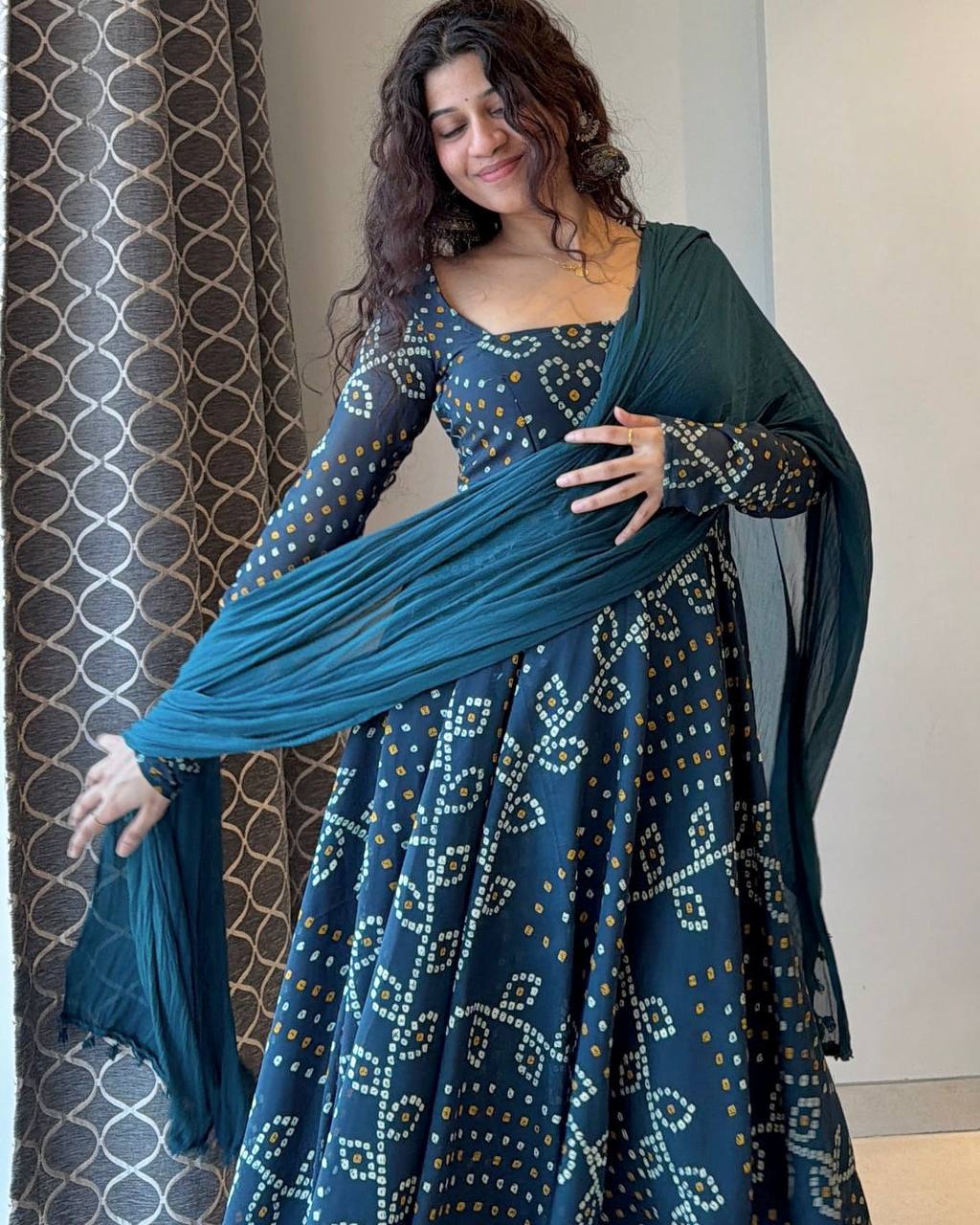 Navy Blue Bandhani Printed Anarkali Gown with Matching Churidar & Dupatta