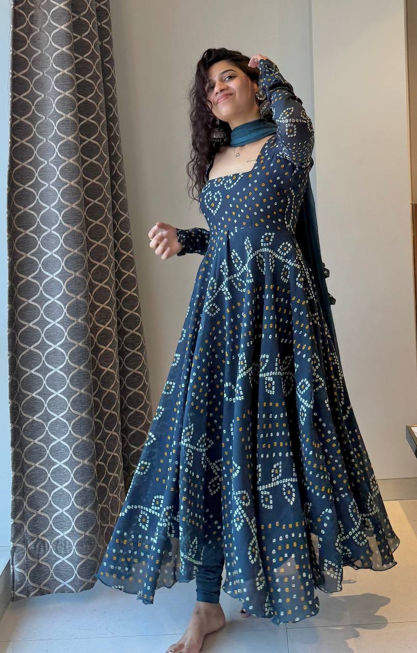 Navy Blue Bandhani Printed Anarkali Gown with Matching Churidar & Dupatta