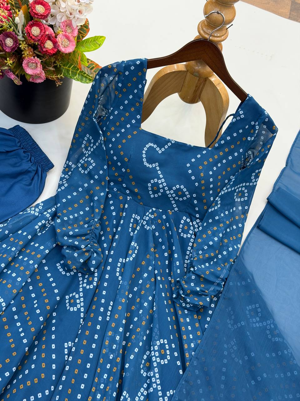 Navy Blue Bandhani Printed Anarkali Gown with Matching Churidar & Dupatta