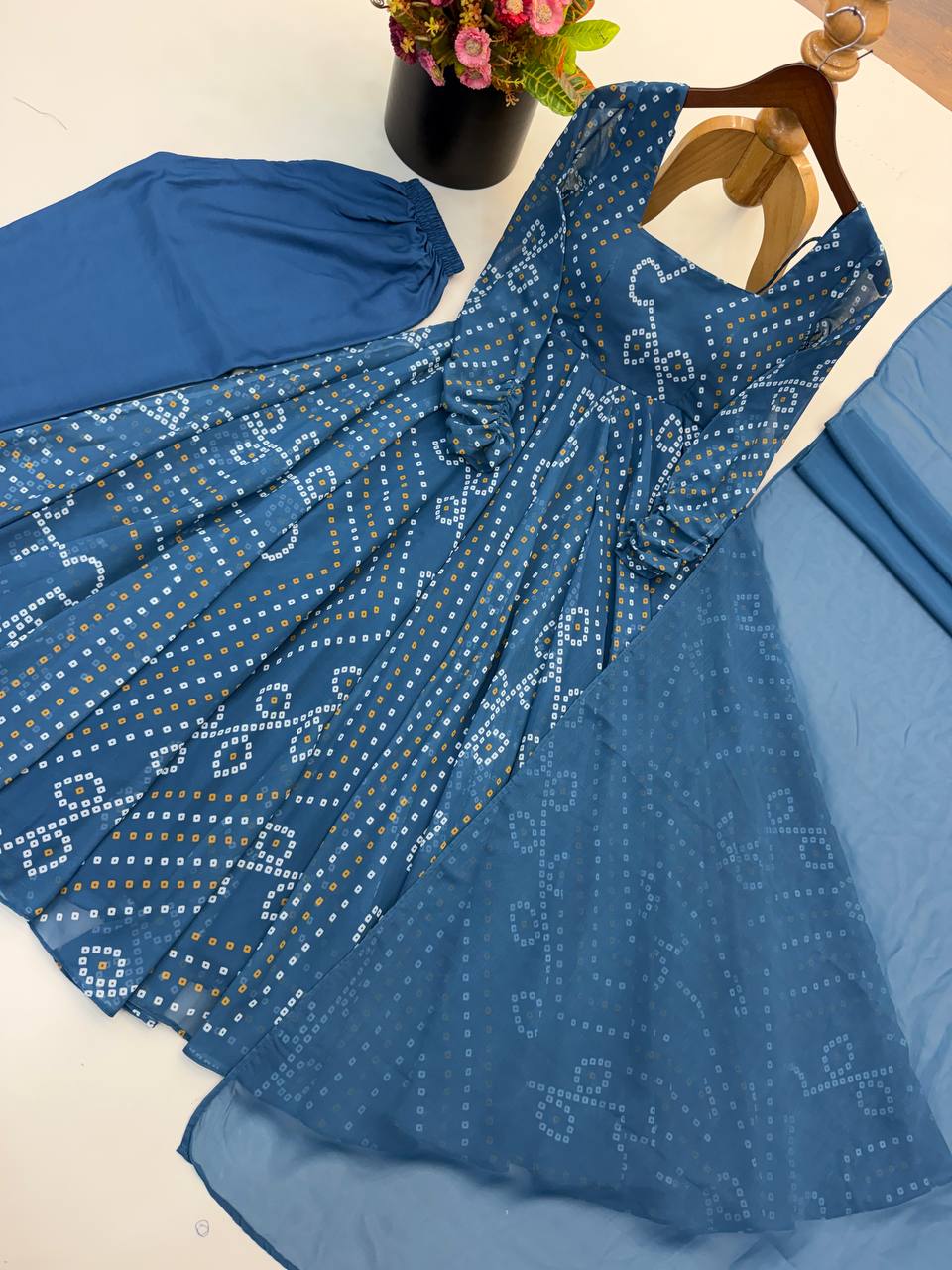 Navy Blue Bandhani Printed Anarkali Gown with Matching Churidar & Dupatta