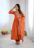 Elegant Orange Embroidered Anarkali Suit with Intricate Mirror Work Yoke, Matching Dupatta & Straight Pants