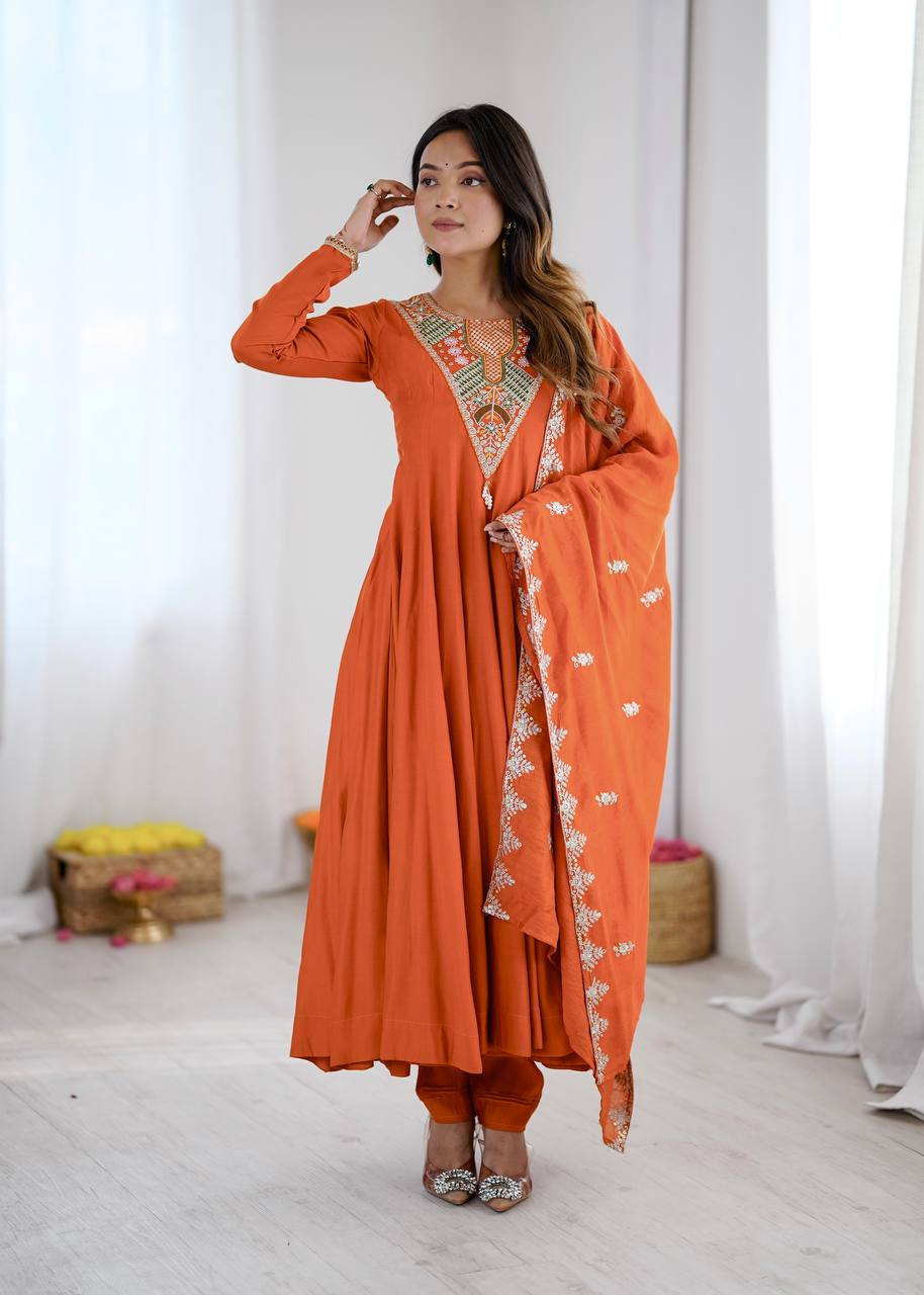 Elegant Orange Embroidered Anarkali Suit with Intricate Mirror Work Yoke, Matching Dupatta & Straight Pants
