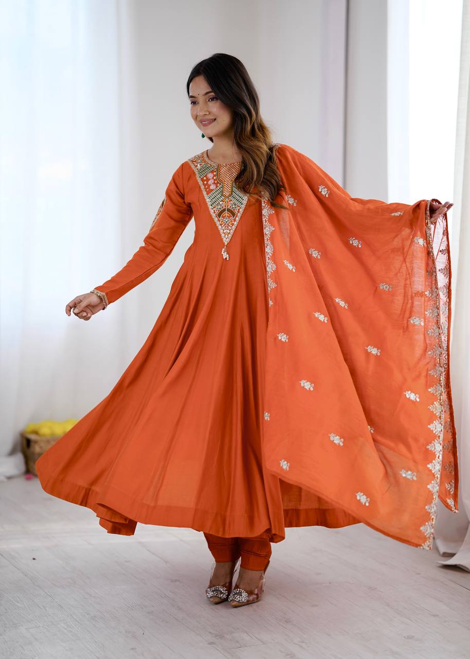Elegant Orange Embroidered Anarkali Suit with Intricate Mirror Work Yoke, Matching Dupatta & Straight Pants