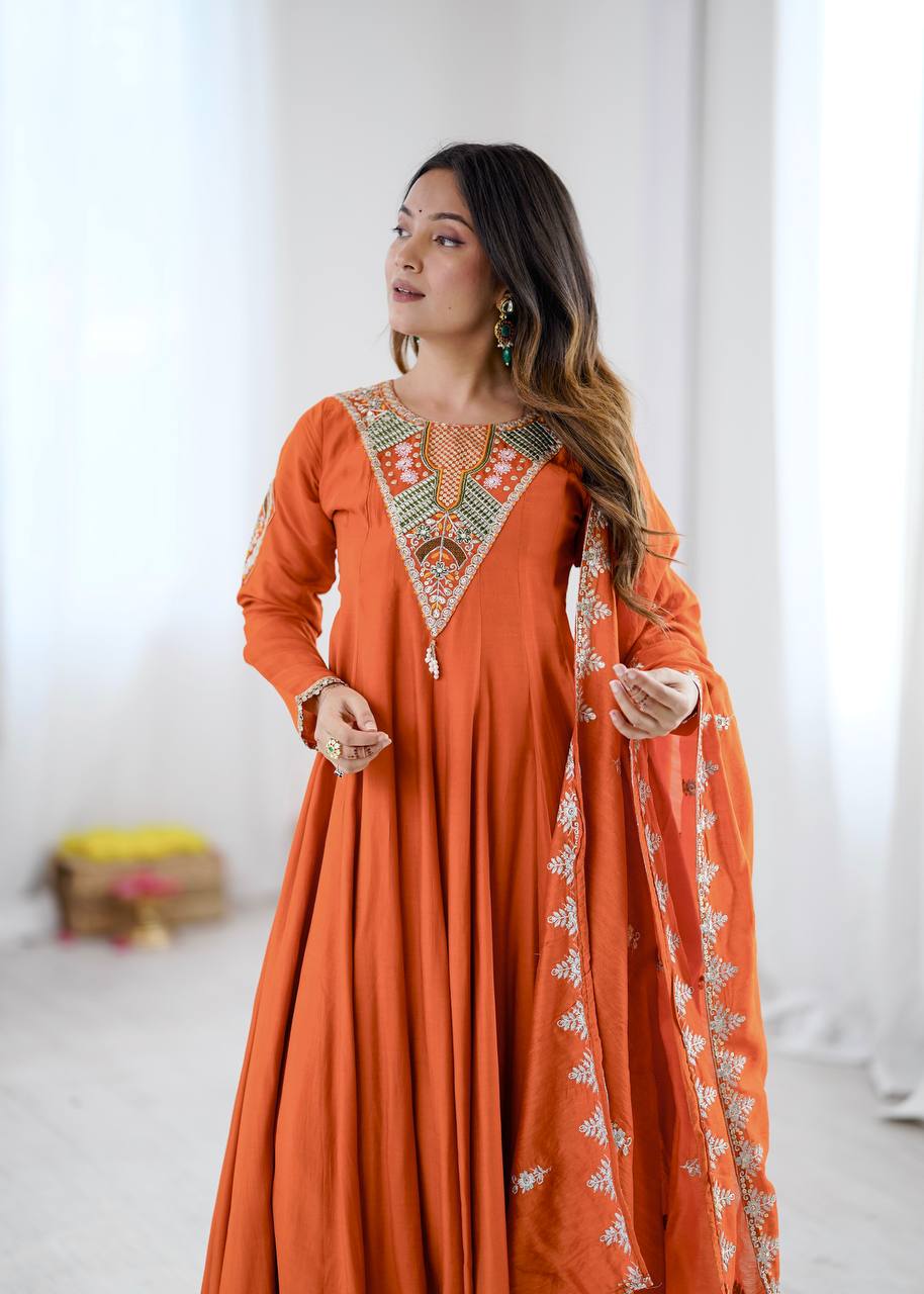 Elegant Orange Embroidered Anarkali Suit with Intricate Mirror Work Yoke, Matching Dupatta & Straight Pants
