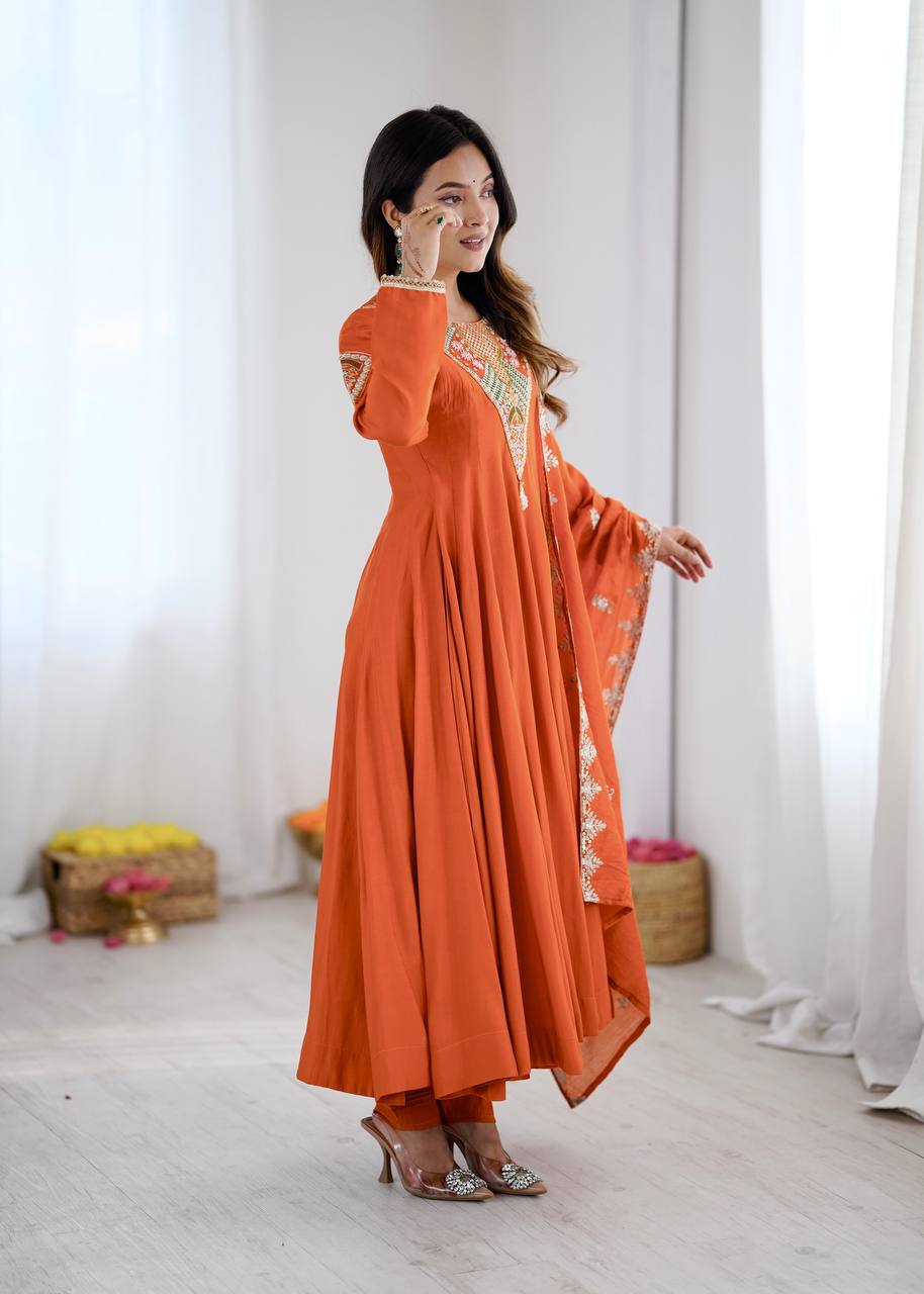 Elegant Orange Embroidered Anarkali Suit with Intricate Mirror Work Yoke, Matching Dupatta & Straight Pants