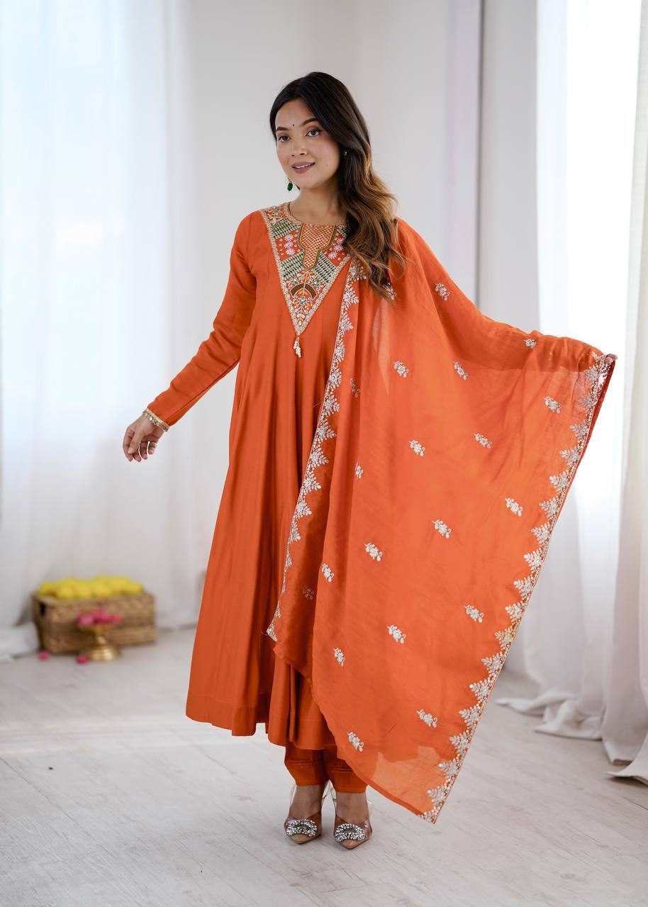 Elegant Orange Embroidered Anarkali Suit with Intricate Mirror Work Yoke, Matching Dupatta & Straight Pants