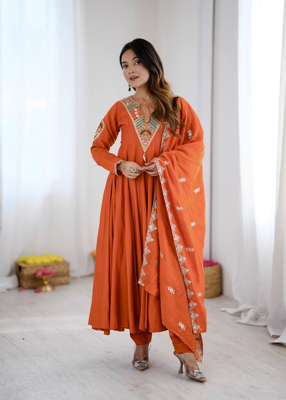 Elegant Orange Embroidered Anarkali Suit with Intricate Mirror Work Yoke, Matching Dupatta & Straight Pants