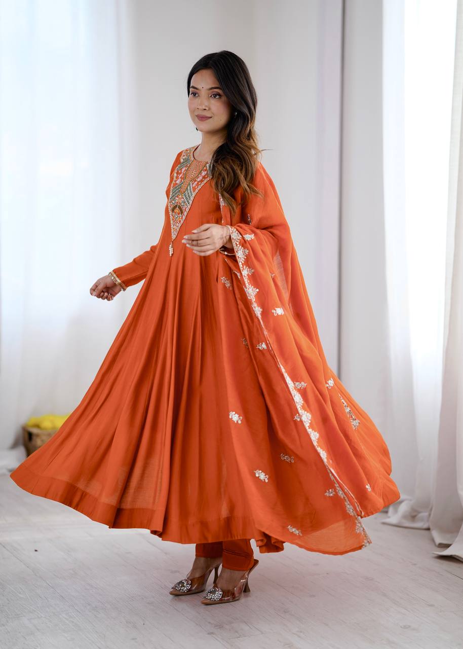 Elegant Orange Embroidered Anarkali Suit with Intricate Mirror Work Yoke, Matching Dupatta & Straight Pants