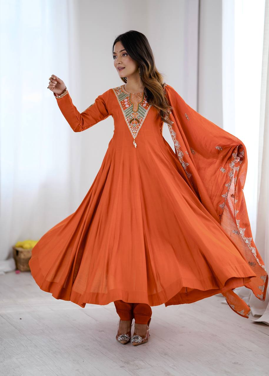 Elegant Orange Embroidered Anarkali Suit with Intricate Mirror Work Yoke, Matching Dupatta & Straight Pants