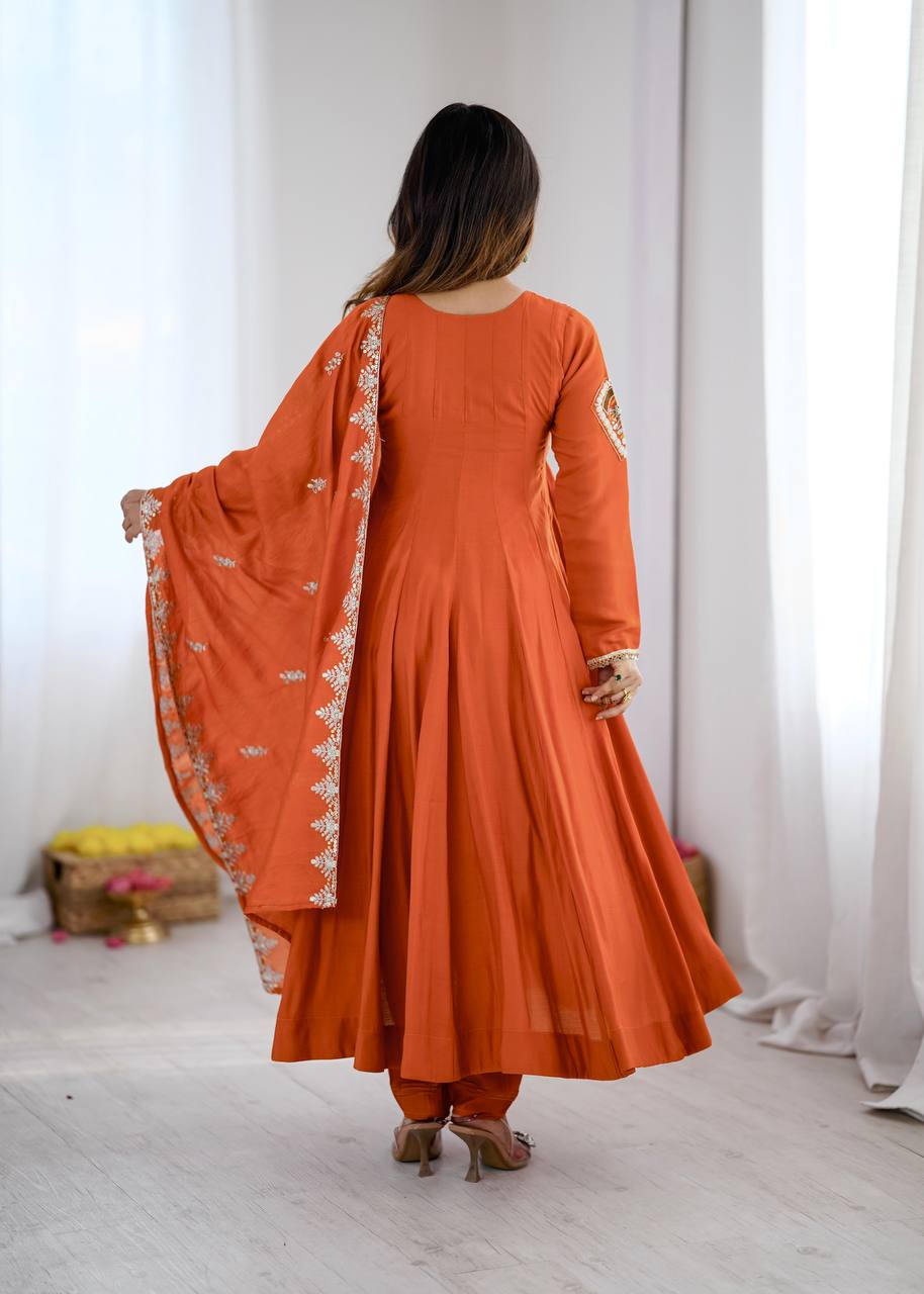 Elegant Orange Embroidered Anarkali Suit with Intricate Mirror Work Yoke, Matching Dupatta & Straight Pants