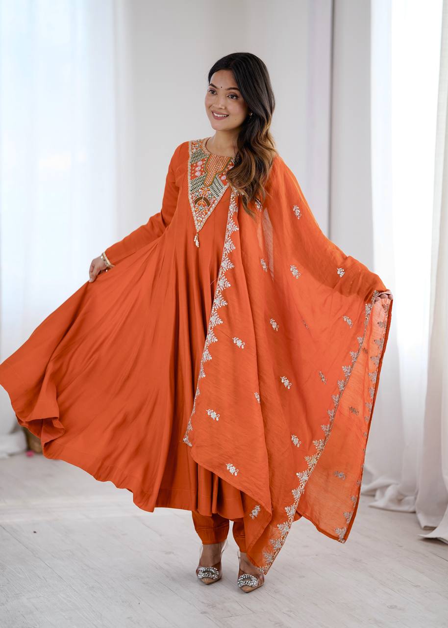 Elegant Orange Embroidered Anarkali Suit with Intricate Mirror Work Yoke, Matching Dupatta & Straight Pants