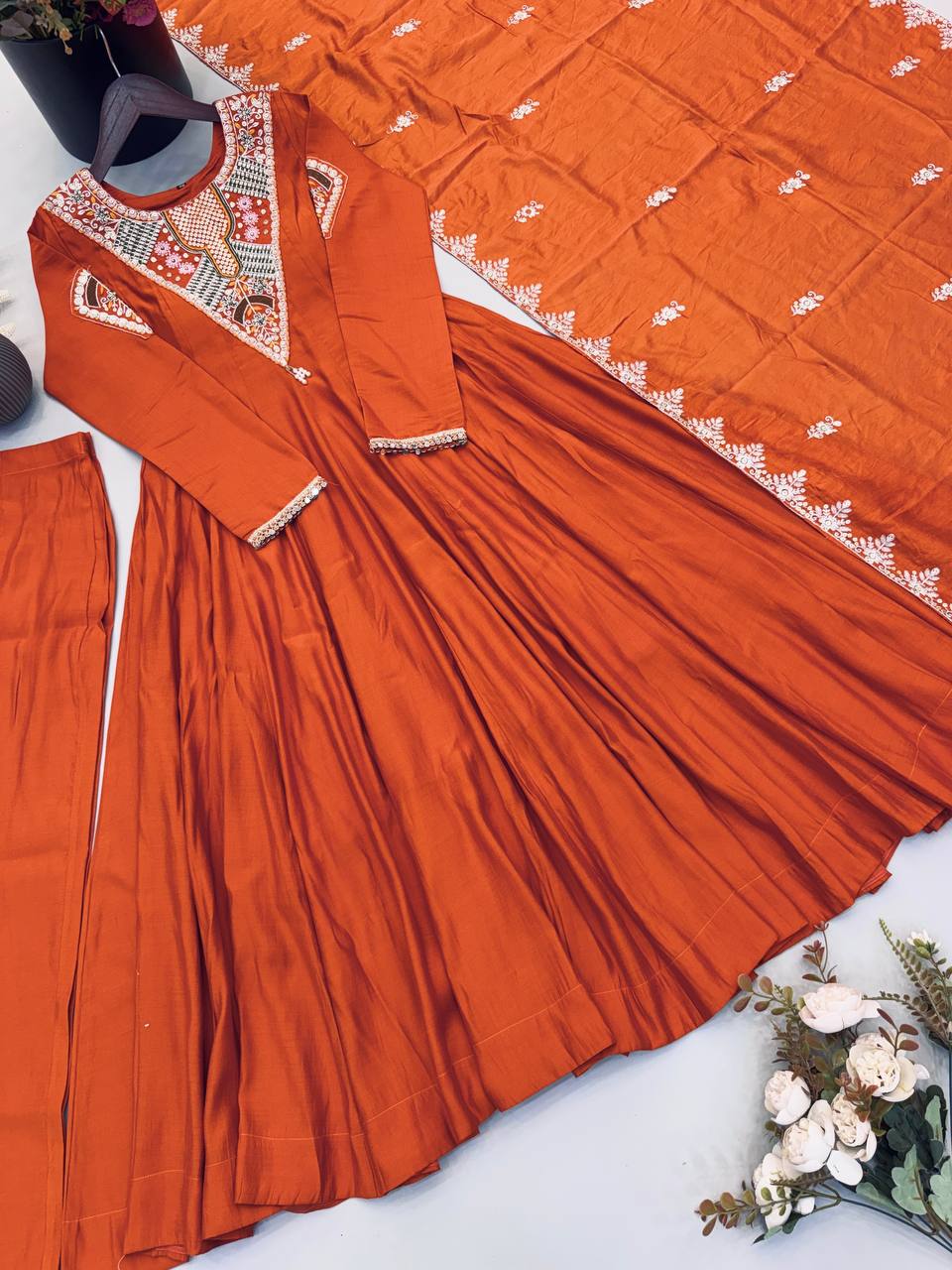 Elegant Orange Embroidered Anarkali Suit with Intricate Mirror Work Yoke, Matching Dupatta & Straight Pants