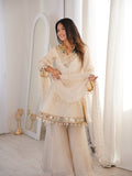 Ivory Luxe Mirror Work Sharara Set with Intricate Embroidered Neckline, Statement Sleeve Detailing & Pearl Tassel Dupatta