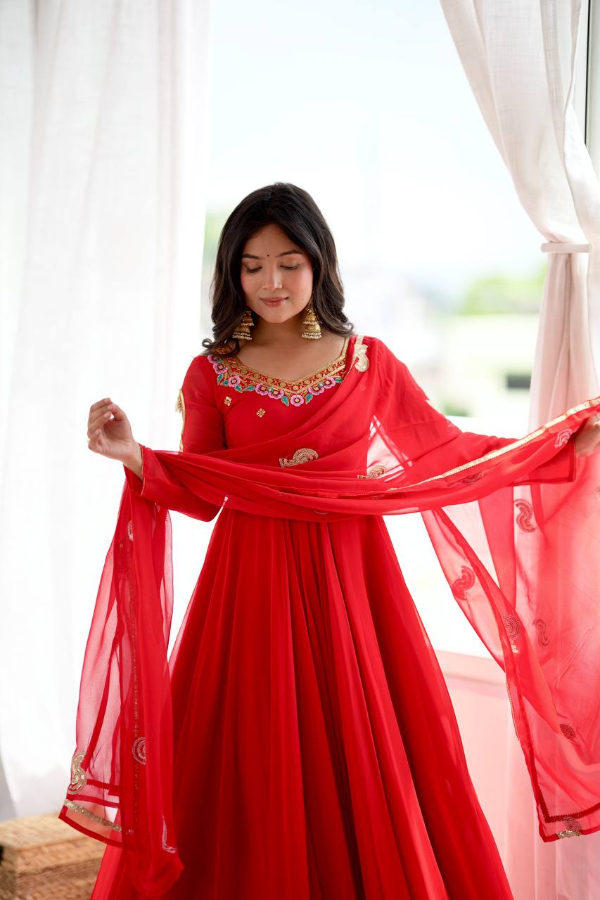Regal Red Georgette Anarkali Gown with Multicolour Floral Embroidered Neckline, Delicate Butti Work & Sheer Printed Dupatta