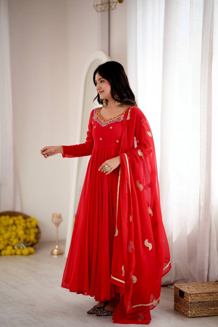 Regal Red Georgette Anarkali Gown with Multicolour Floral Embroidered Neckline, Delicate Butti Work & Sheer Printed Dupatta