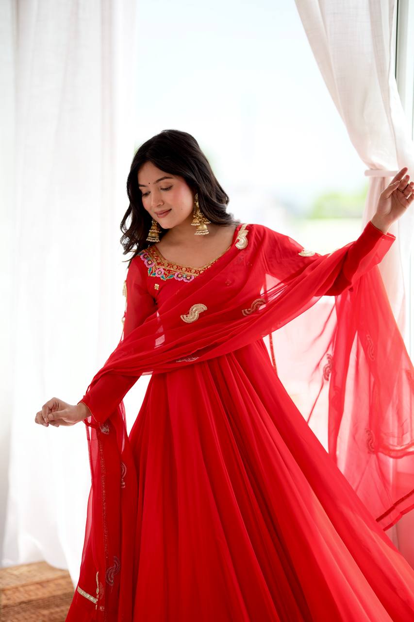 Regal Red Georgette Anarkali Gown with Multicolour Floral Embroidered Neckline, Delicate Butti Work & Sheer Printed Dupatta
